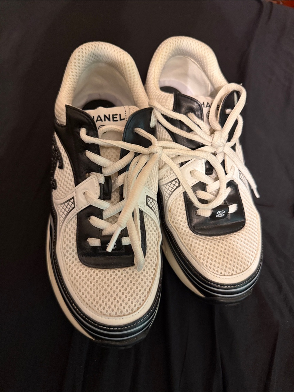 CHANEL White and Black Mesh Lace-Up Sneakers